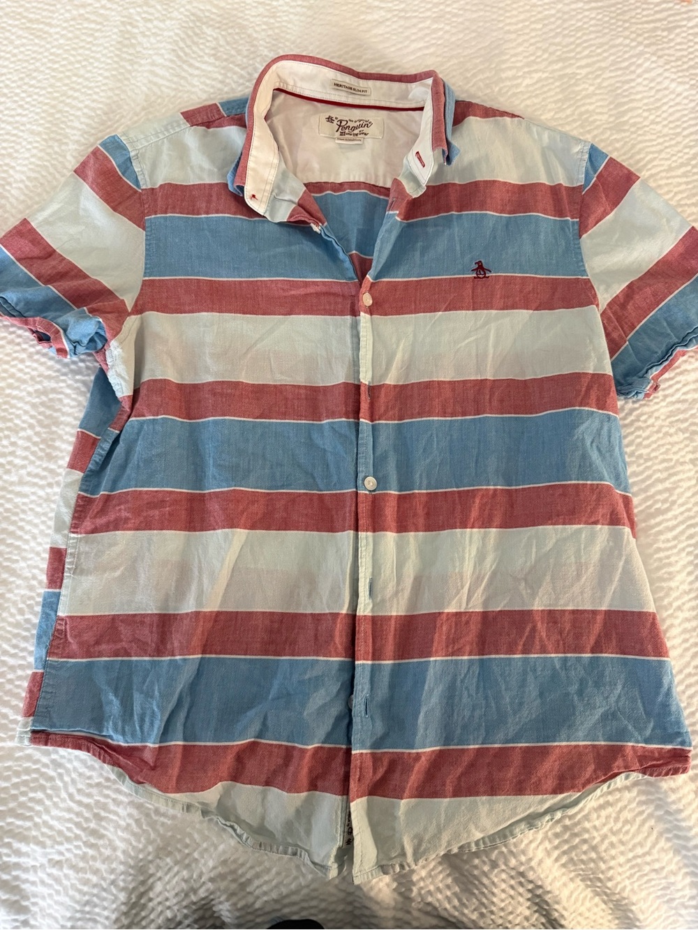 Original Penguin men’s Short Sleeve Stripe Button-Up Shirt - Red & Blue size M